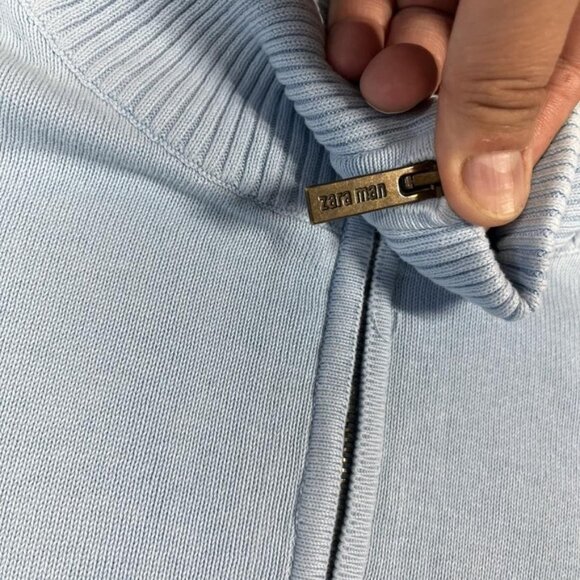 Zara Sweater Mens Medium Blue Full Zip Mock Neck Knit Cotton Lightweight Casual - Picture 2 of 7